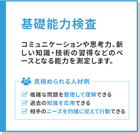 基礎能力検査では、コミュニケーションや思考力、新しい知識・技術の習得などのベースとなる能力を測定します。見極められる人材例としては、複雑な問題を整理して理解できる、過去の知識を応用できる、相手のニーズを的確に捉えて行動できる人材があげられます。