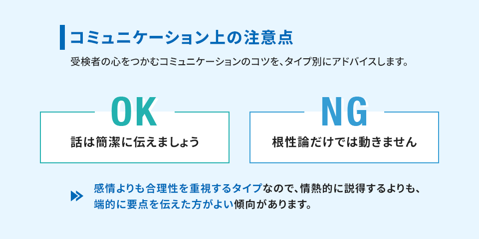 例えば、コミュニケーション上の注意点として受検者の心をつかむコミュニケーションのコツを、タイプ別にアドバイスします。