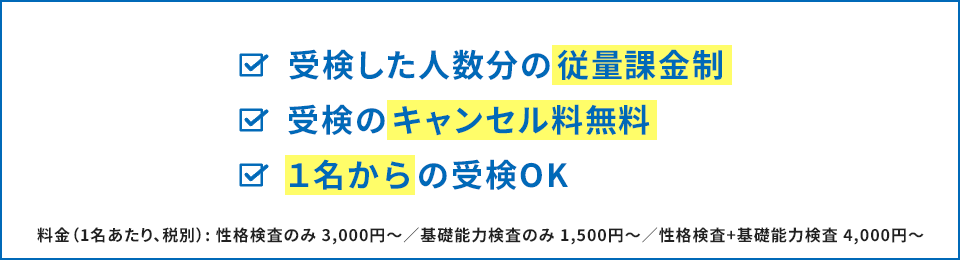 受検した人数分の従量課金制、受検のキャンセル料無料、1名からの受検OK。（料金（1名あたり、税別）: 性格検査のみ 3,000円〜／基礎能力検査のみ 1,500円〜／性格検査+基礎能力検査 4,000円〜）